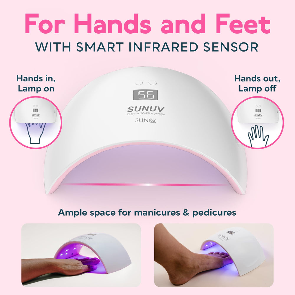 SUNUV SUN9X Plus nail lamp curing process visual in pink for gels and builders.