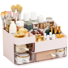 SuoXing pink makeup organizer front view shows large drawer and top compartments for easy access.