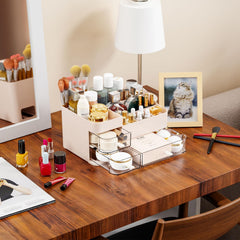 SuoXing pink makeup organizer interior with small drawers stores brushes and lip colors neatly.