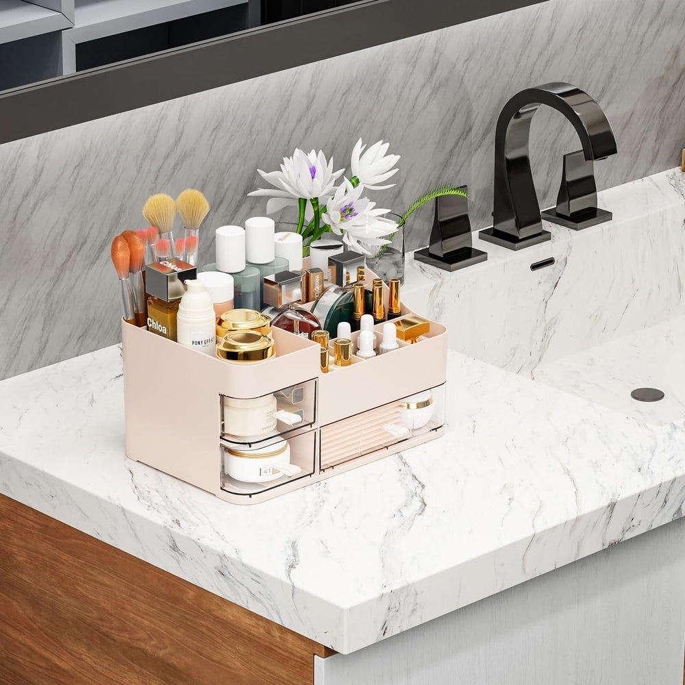 SuoXing pink makeup organizer with clear drawers keeps nail polish and palettes visible.