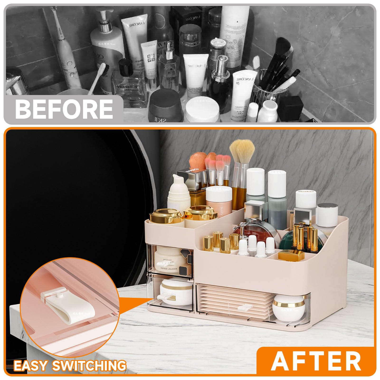 SuoXing pink makeup organizer side profile shows slim vanity-ready design.