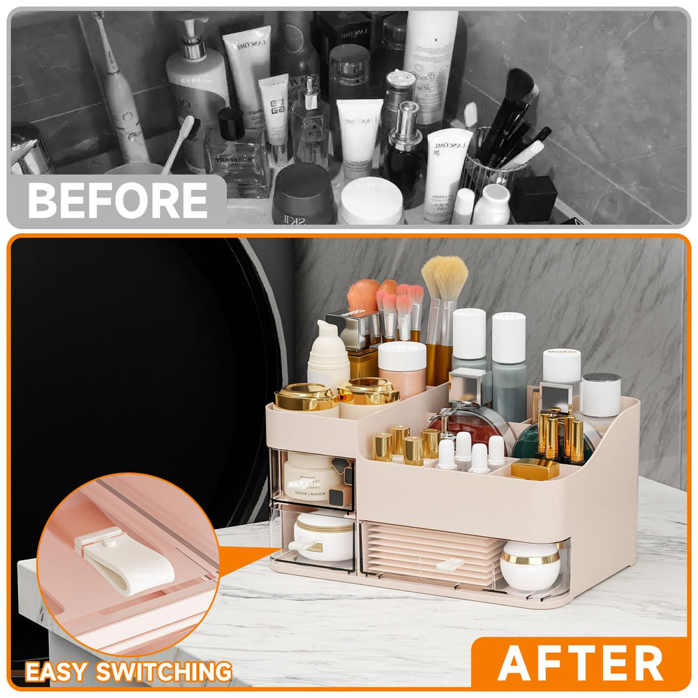 SuoXing pink makeup organizer side profile shows slim vanity-ready design.