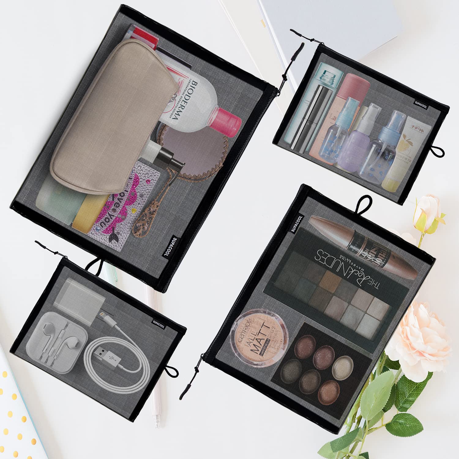 SUPACOOL set4 mesh makeup bags side view demonstrates compact, space-saving travel organization