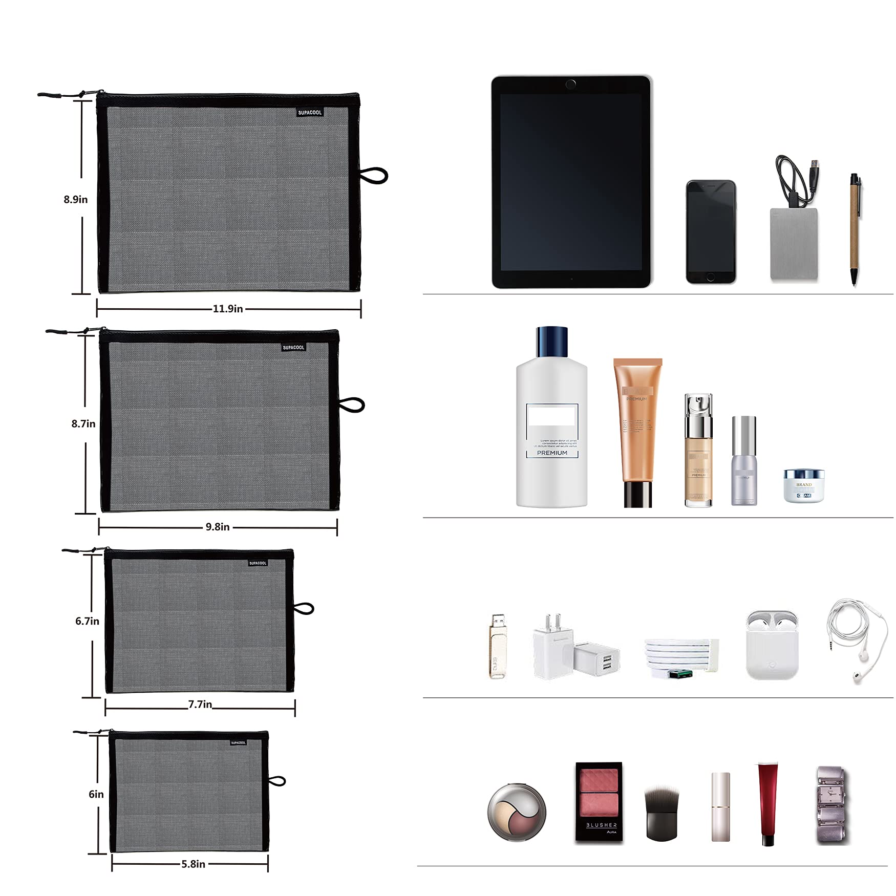 SUPACOOL set4 various sizes pouches shows four sizes for handbags and luggage