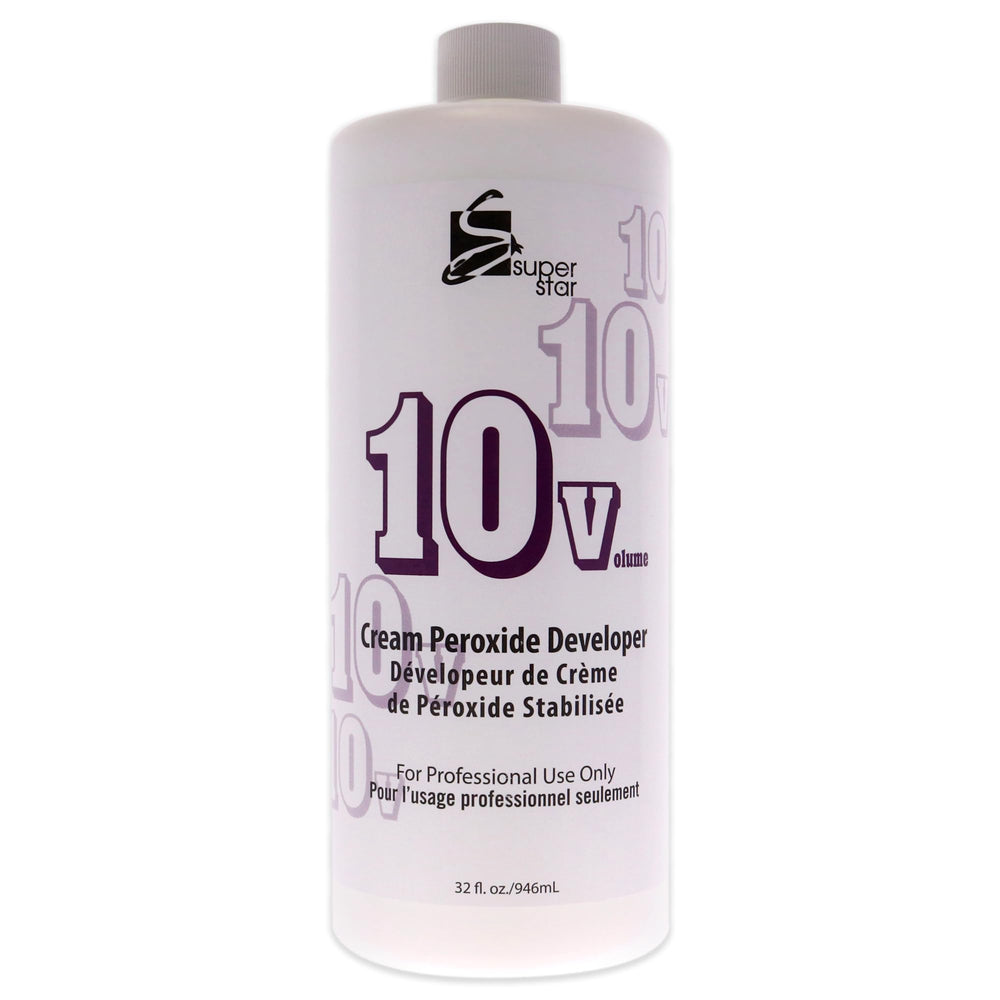 Super Star 10v Cream Peroxide Developer bottle pour shows smooth consistency for precise color lift