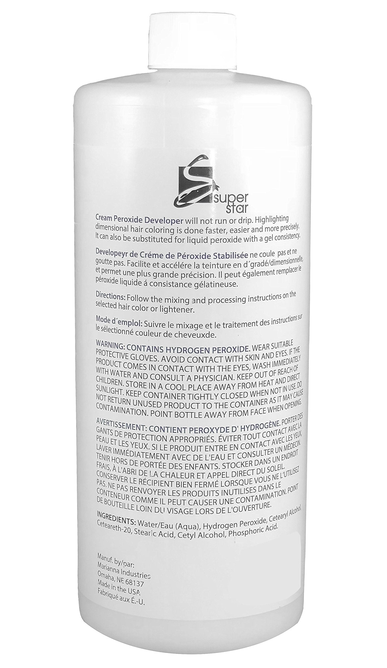 Super Star Cream Peroxide Developer label closeup highlights product design for even color lift and mixing.