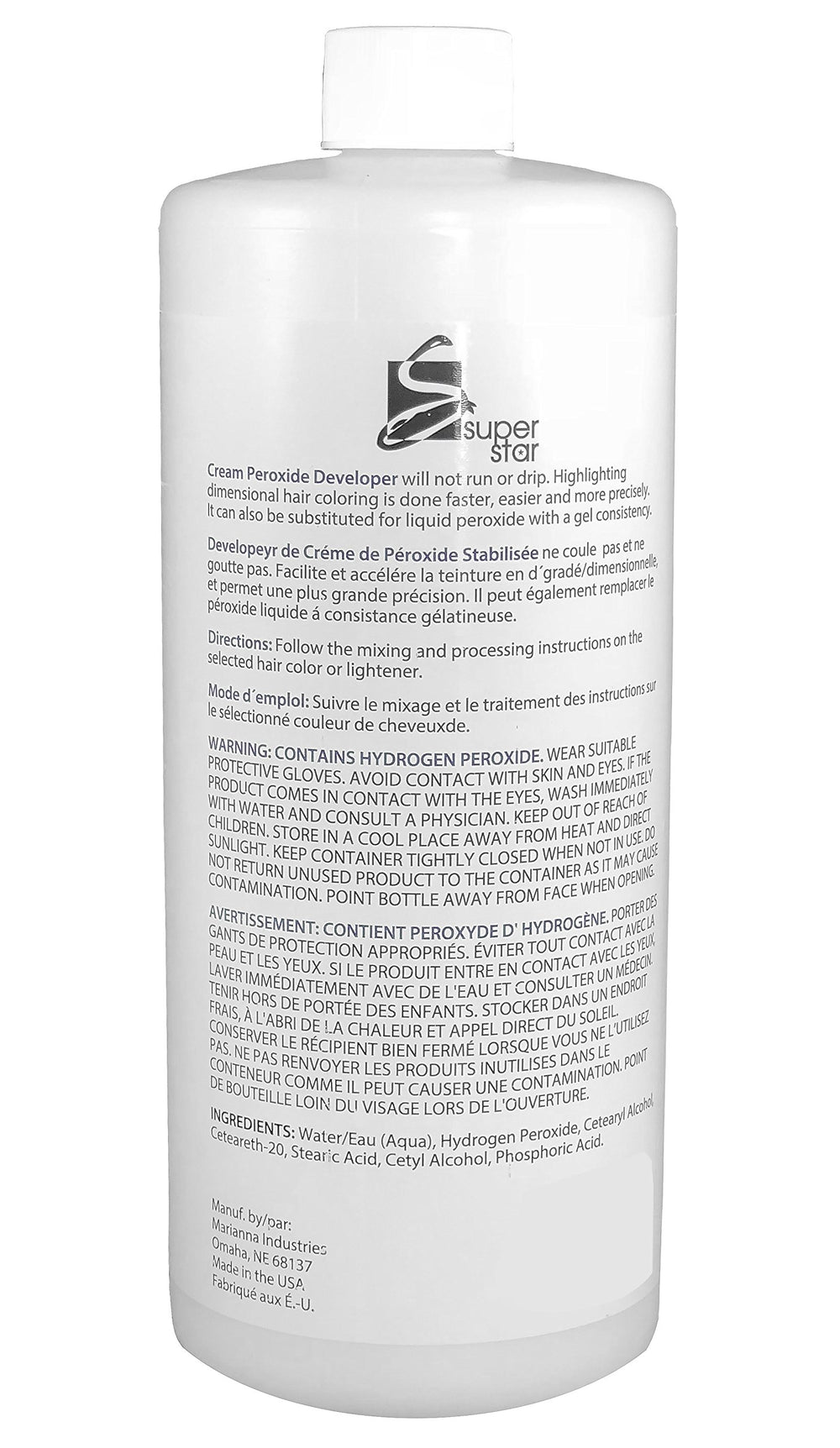 Super Star Cream Peroxide Developer label closeup highlights product design for even color lift and mixing.