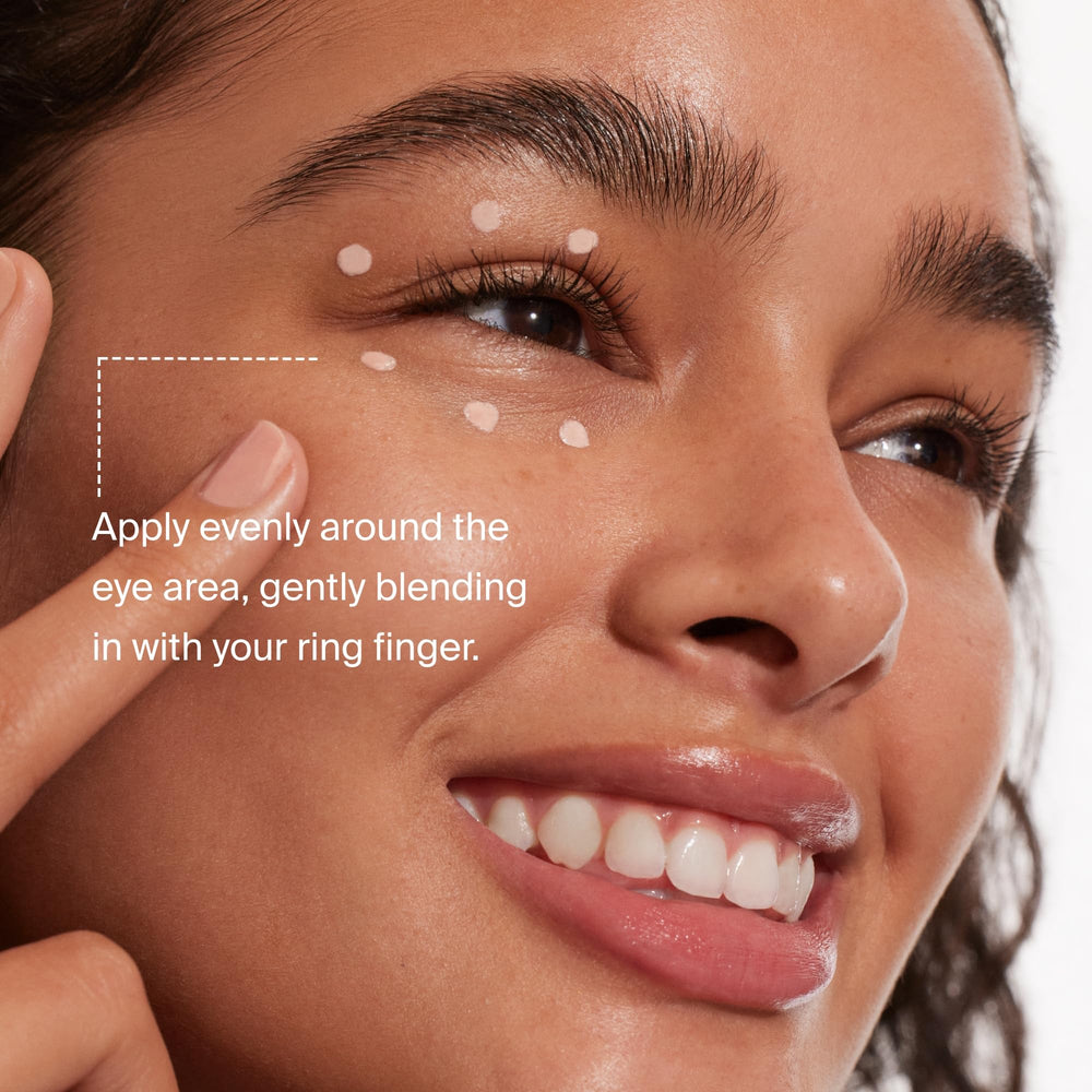 Close-up of under-eye area showing reduced puffiness and smoother texture with daily use.
