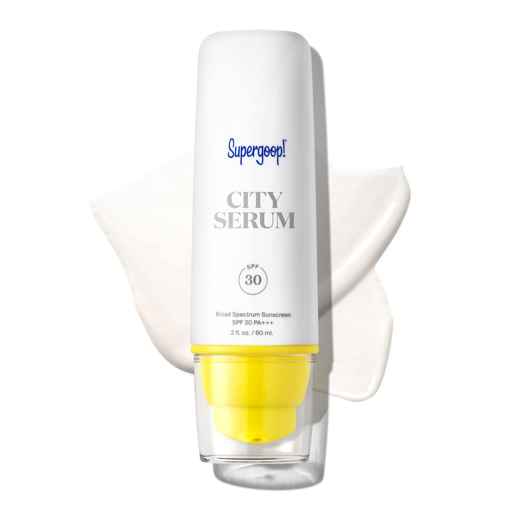 Supergoop City Serum bottle-application shows lightweight SPF 30 daily protection.