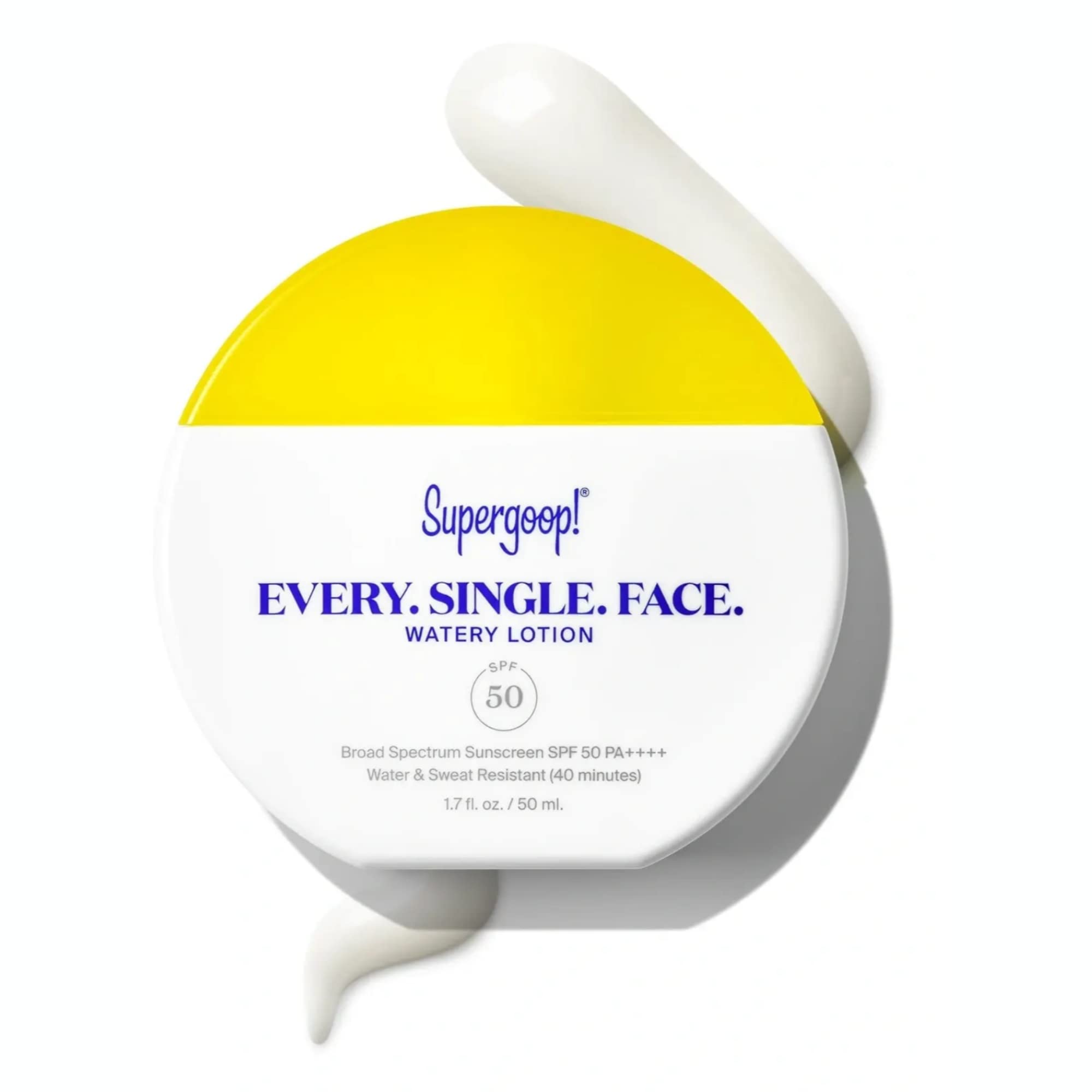 Supergoop! Every. Single. Face. Watery Lotion bottle, lightweight SPF 50 protection for all skin types.