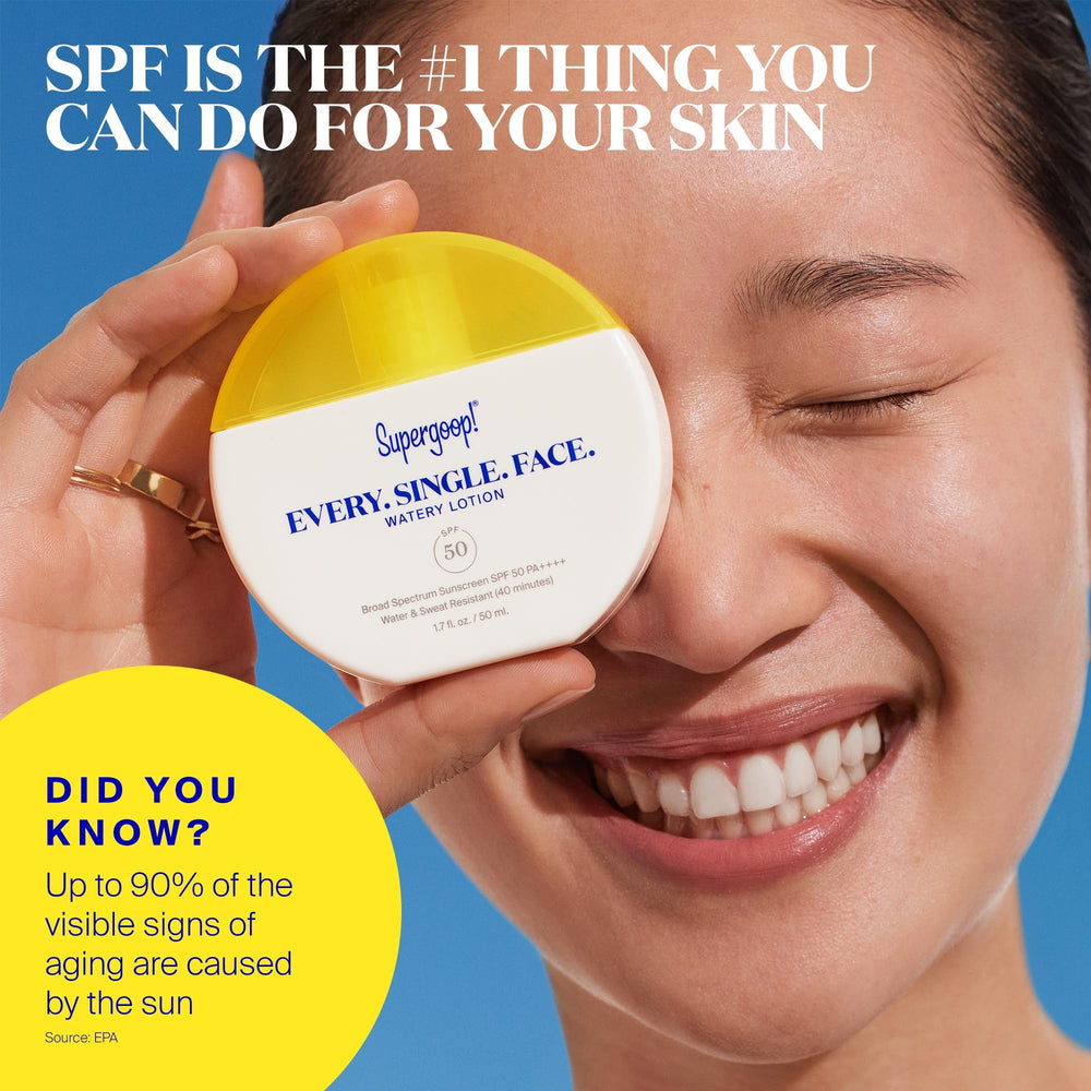 Supergoop! Every. Single. Face. Watery Lotion swatches illustrate shade-friendly finish.