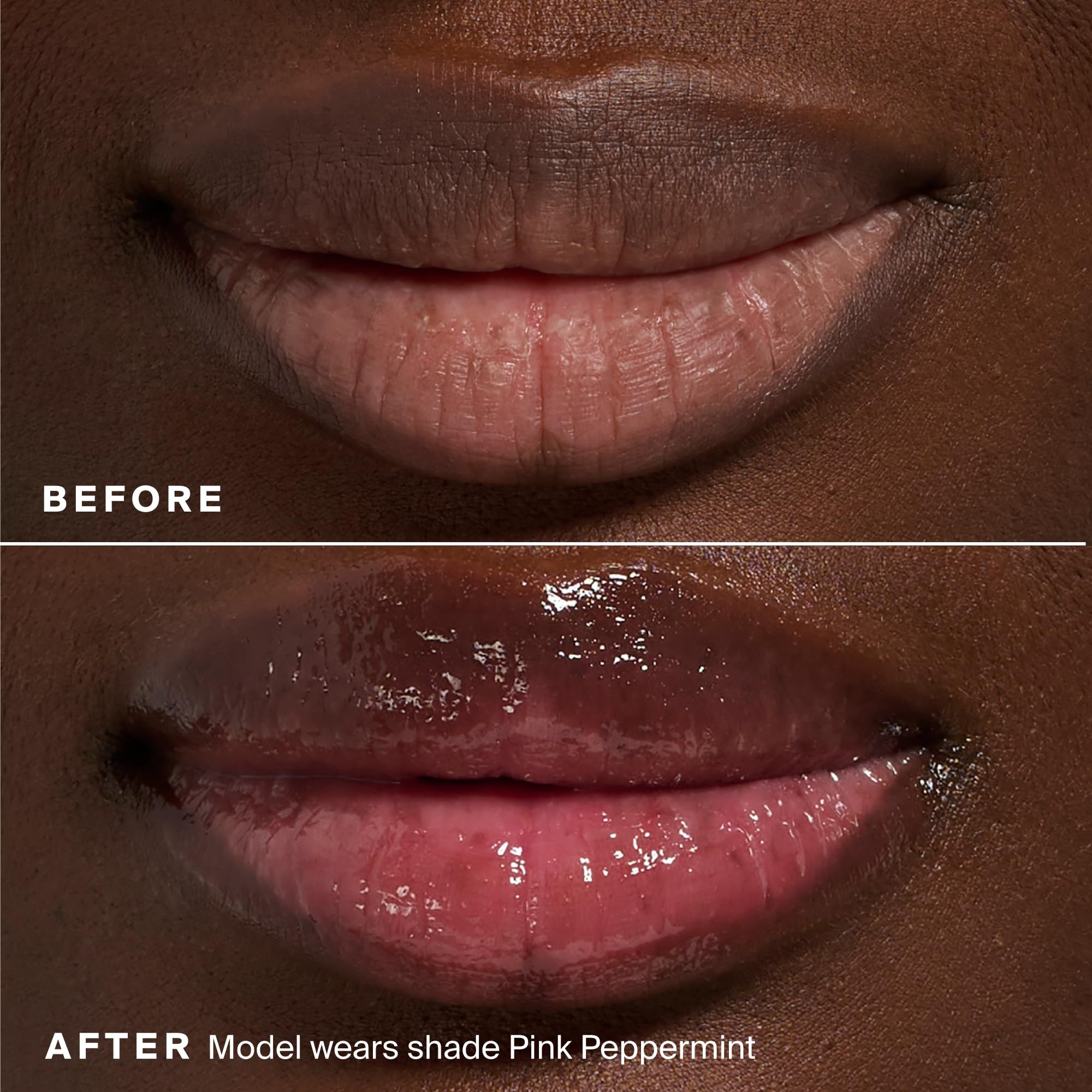 Supergoop Glow Gloss on lips demonstrates high-shine, non-sticky gloss.