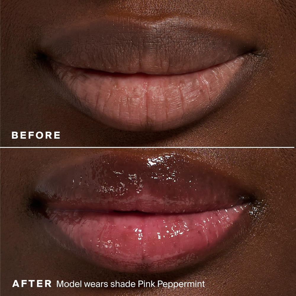 Supergoop Glow Gloss on lips demonstrates high-shine, non-sticky gloss.