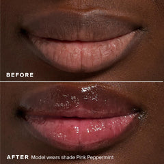 Supergoop Glow Gloss on lips demonstrates high-shine, non-sticky gloss.