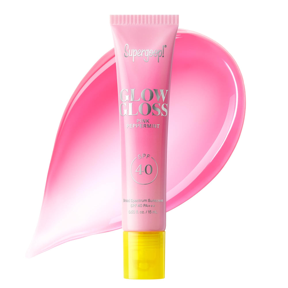 Supergoop Glow Gloss Lip Balm Pink Peppermint close-up showing minty scent and glossy pink tint.