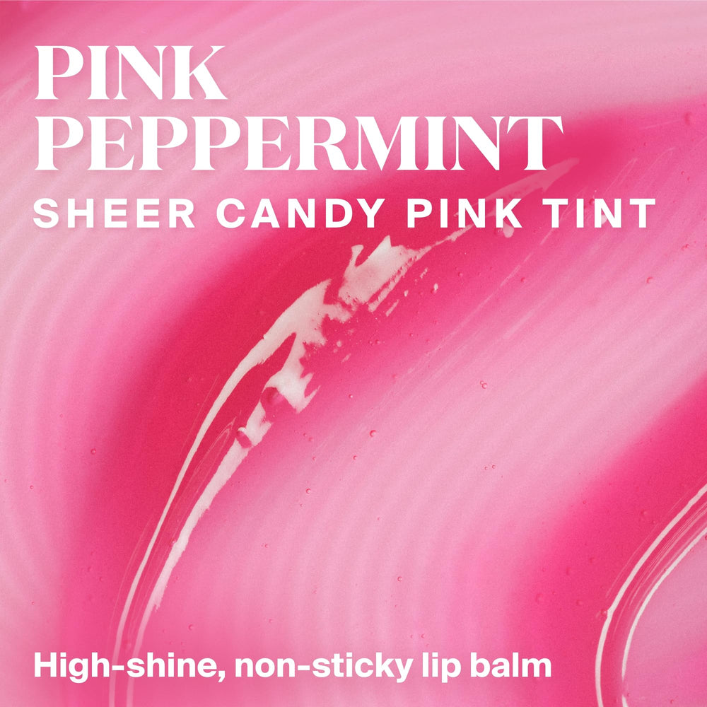 Supergoop Glow Gloss Pink Peppermint swatch reveals sheer candy-pink tint and hydration.