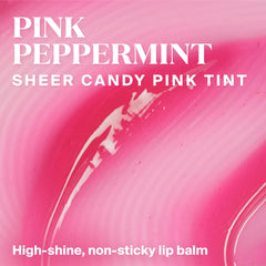 Supergoop Glow Gloss Pink Peppermint swatch reveals sheer candy-pink tint and hydration.