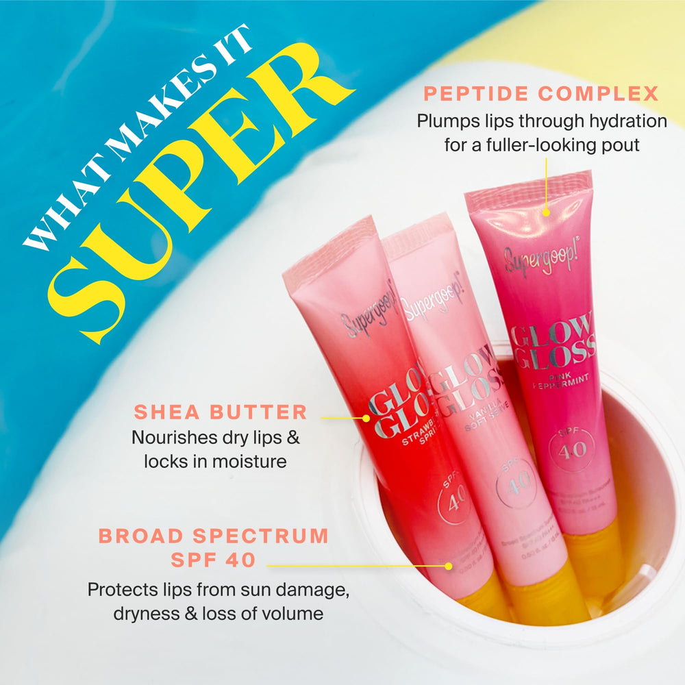 Supergoop Glow Gloss Vanilla Soft Serve packaging shown on shelf-ready display