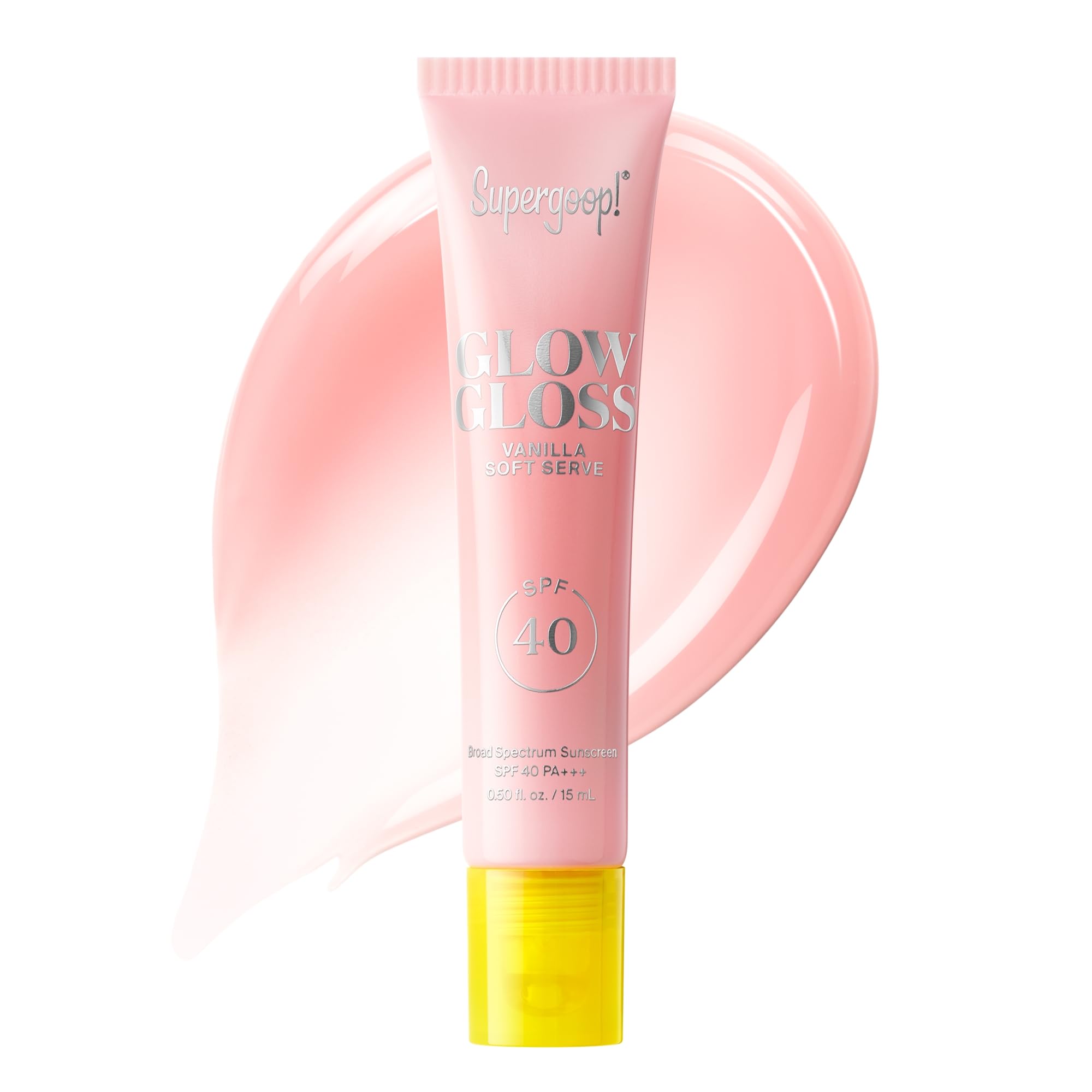 Supergoop Glow Gloss SPF 40 Vanilla Soft Serve tube ready for daily lip protection