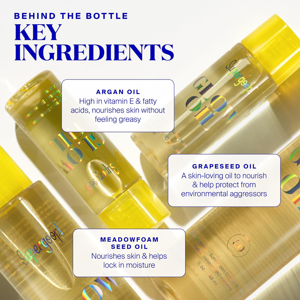 Supergoop! Glow Oil glow-on-skin close-up shows radiant, non-greasy finish after sun exposure.