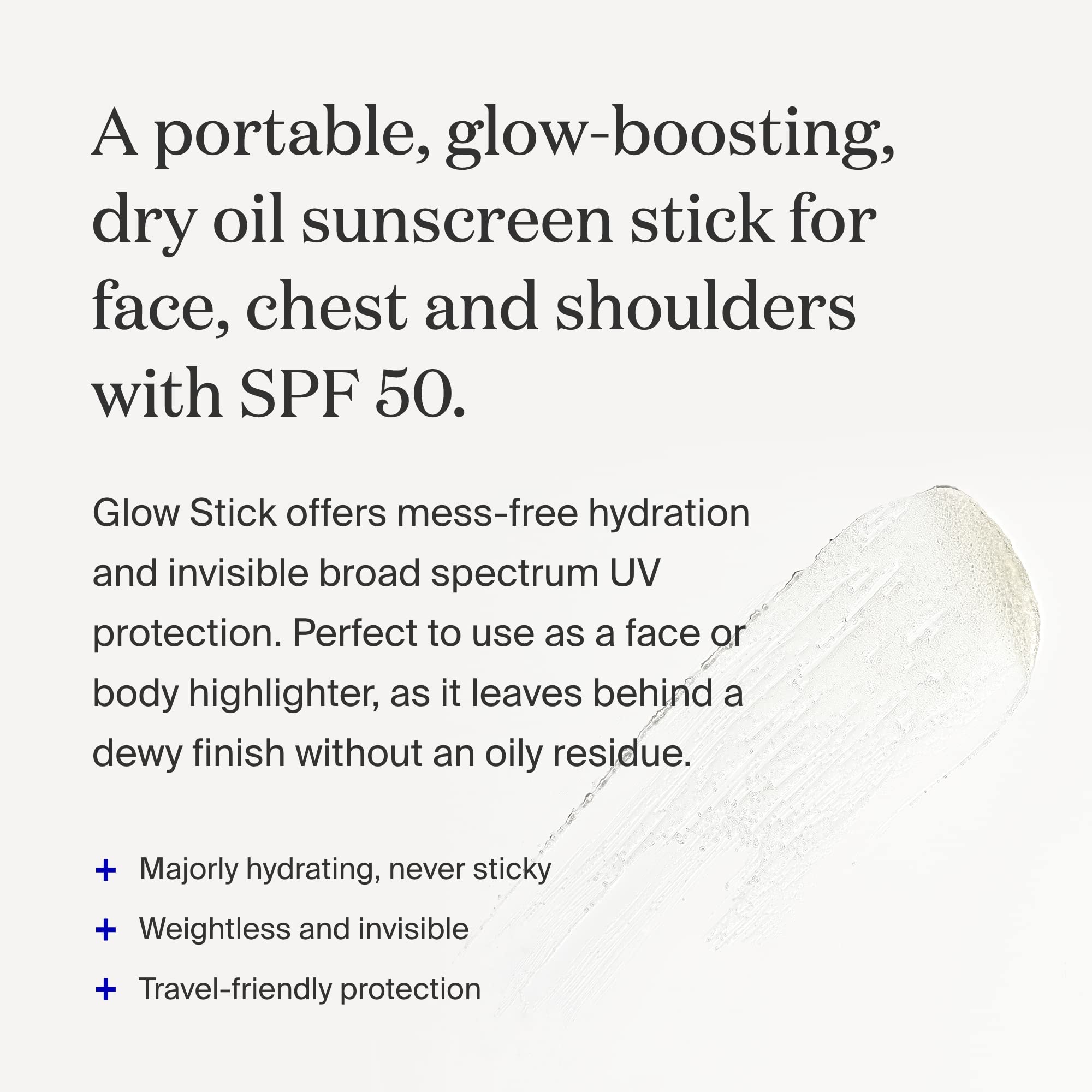 Supergoop! Glow Stick body-application provides quick sun coverage with dewy hydration on shoulders.