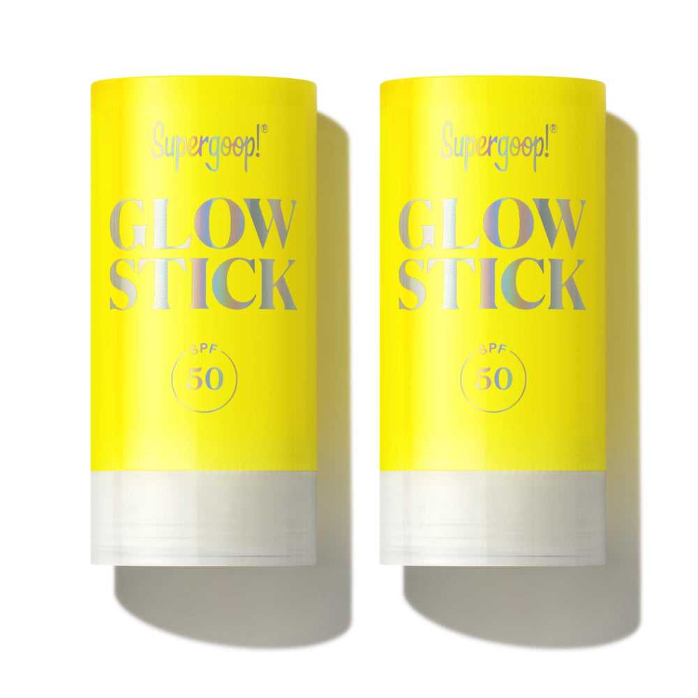 Supergoop Glow Stick SPF 50 2-pack front view for travel-ready protection and glow.