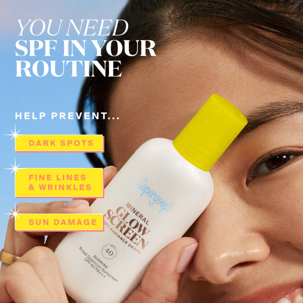 Supergoop! Glowscreen Drops Sunrise application steps show last-step sunscreen with glow.