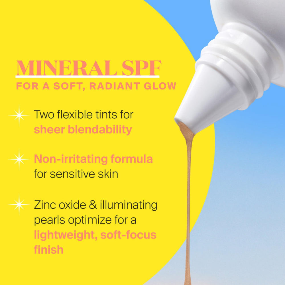 Supergoop! Glowscreen Drops Sunrise on-hand swirl demonstrates blendable shimmer with SPF 40.