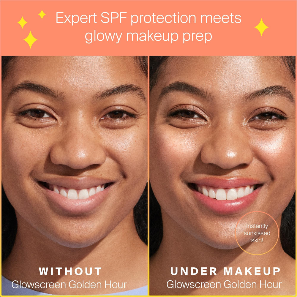 Supergoop! Glowscreen dewy finish closeup highlights luminous, non-greasy glow.