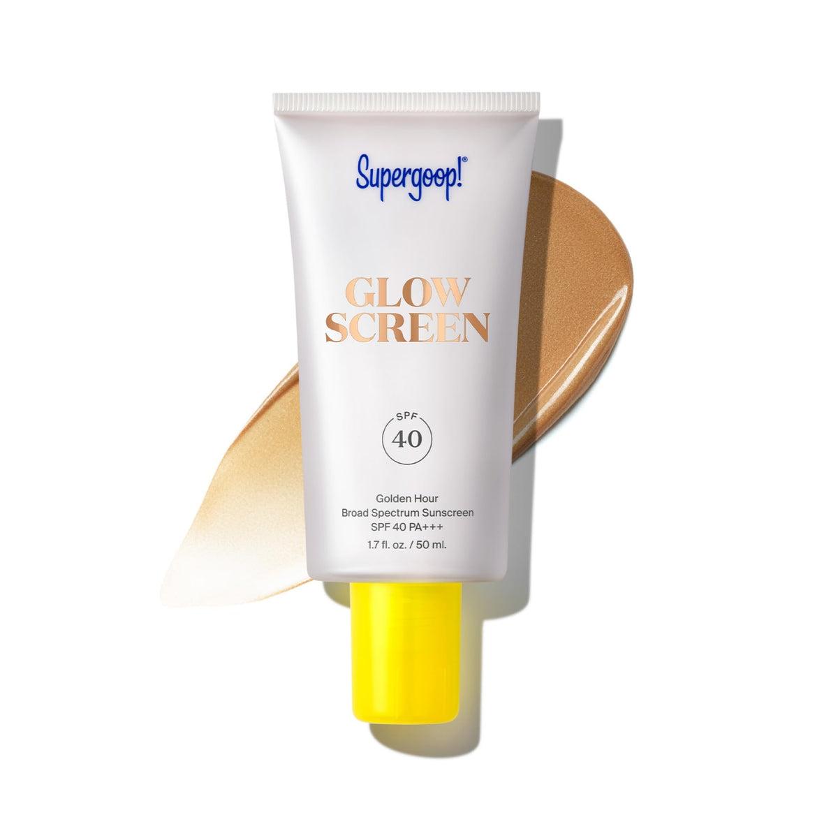 Supergoop! Glowscreen Golden Hour bottle showing dewy glow with SPF 40 protection.