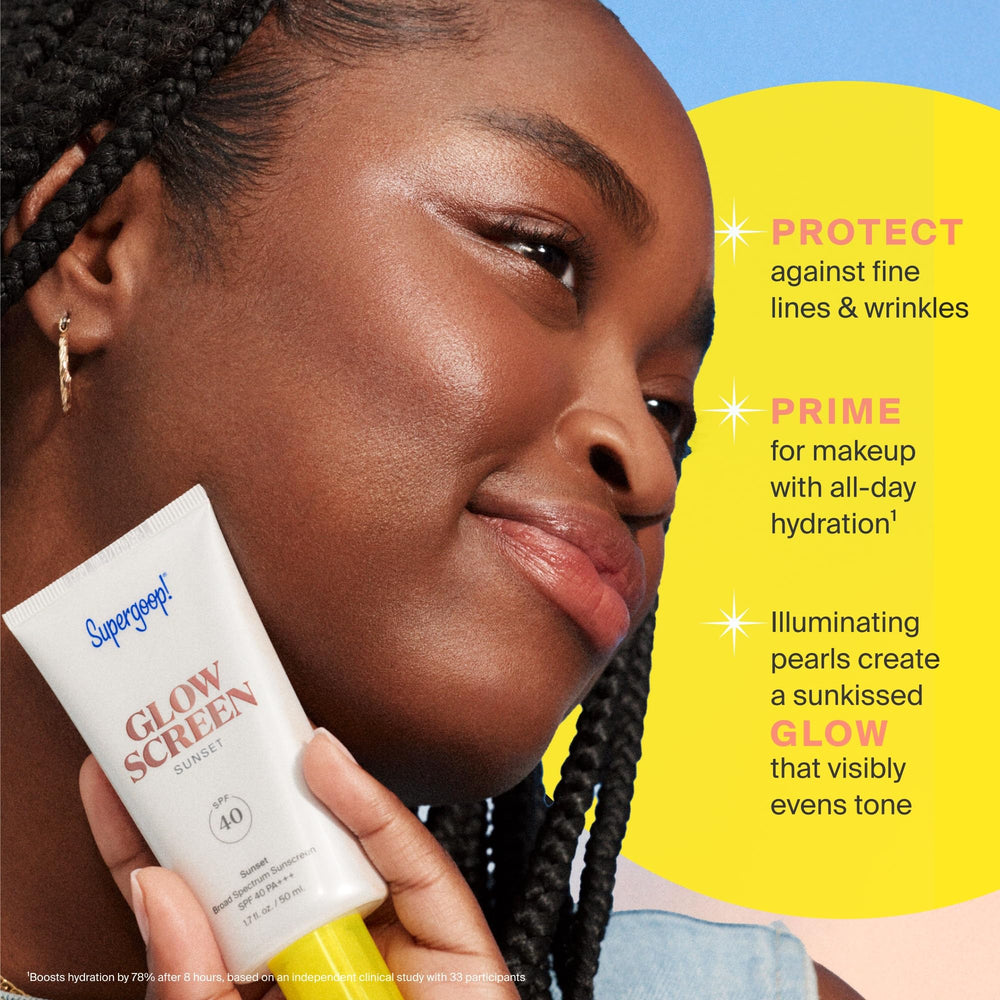 Supergoop! Glowscreen model applying primer for makeup-gripping glow.