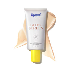 Supergoop! Glowscreen Sunrise bottle shows a dewy champagne glow base.