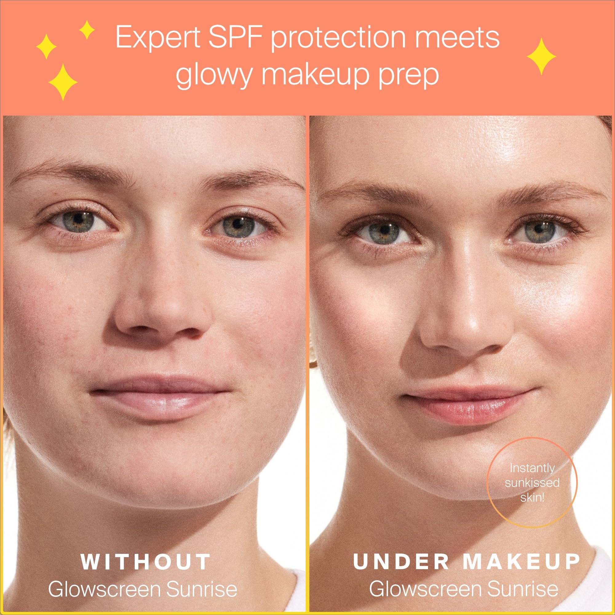 Supergoop! Glowscreen Sunrise on-face finish provides radiant, non-greasy glow beneath makeup.
