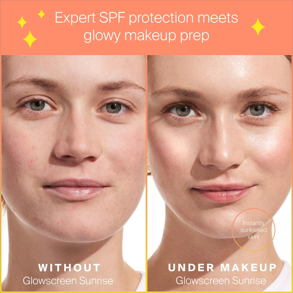 Supergoop! Glowscreen Sunrise on-face finish provides radiant, non-greasy glow beneath makeup.