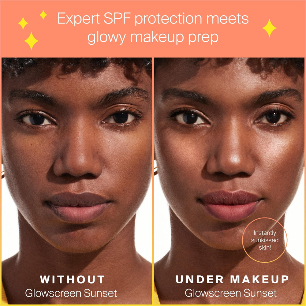 Glowscreen Sunset applied on the face shows a hydrating glow from hyaluronic acid