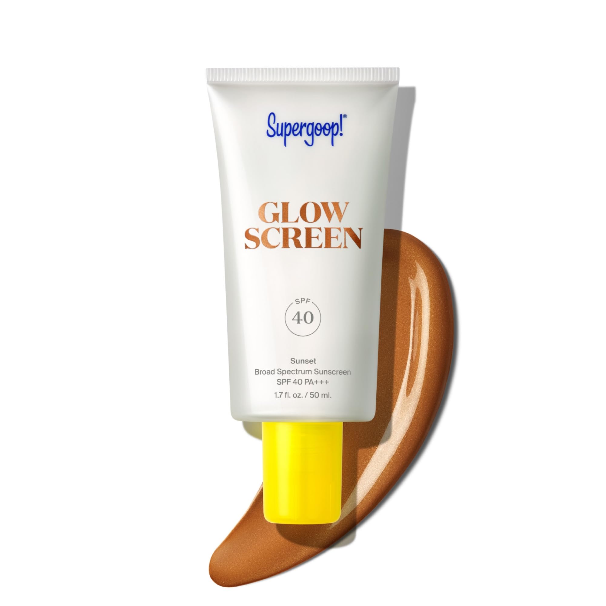 Supergoop! Glowscreen Sunset bottle showing bronze SPF 40 protection for radiant skin