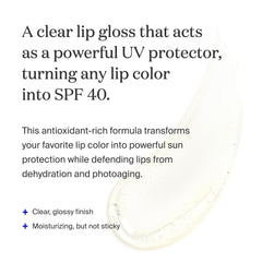 Supergoop Lipscreen Shine clear-gloss-on-lips demonstrates versatile shade protection.