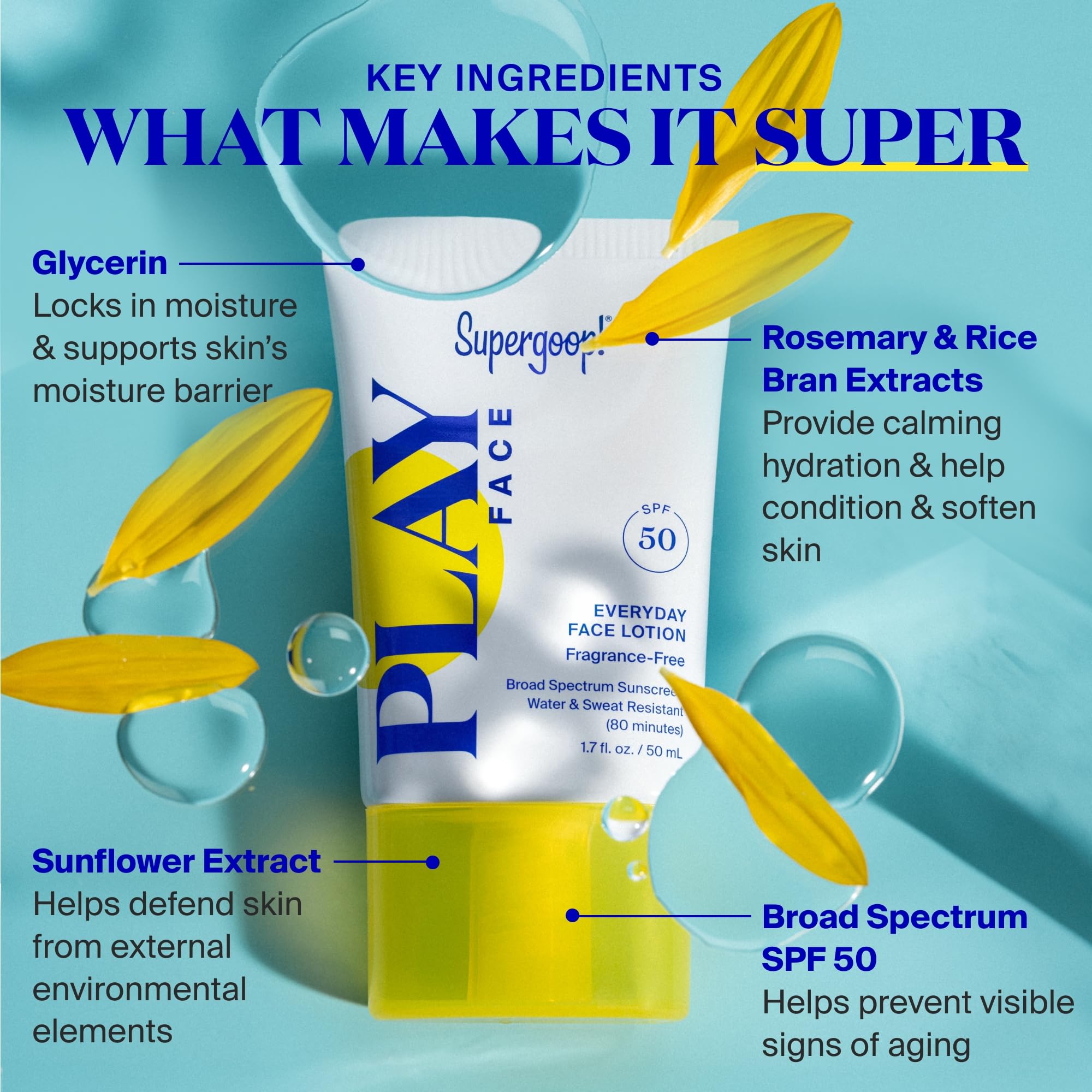Supergoop! PLAY Everyday Face Lotion highlights glycerin for lasting moisture.
