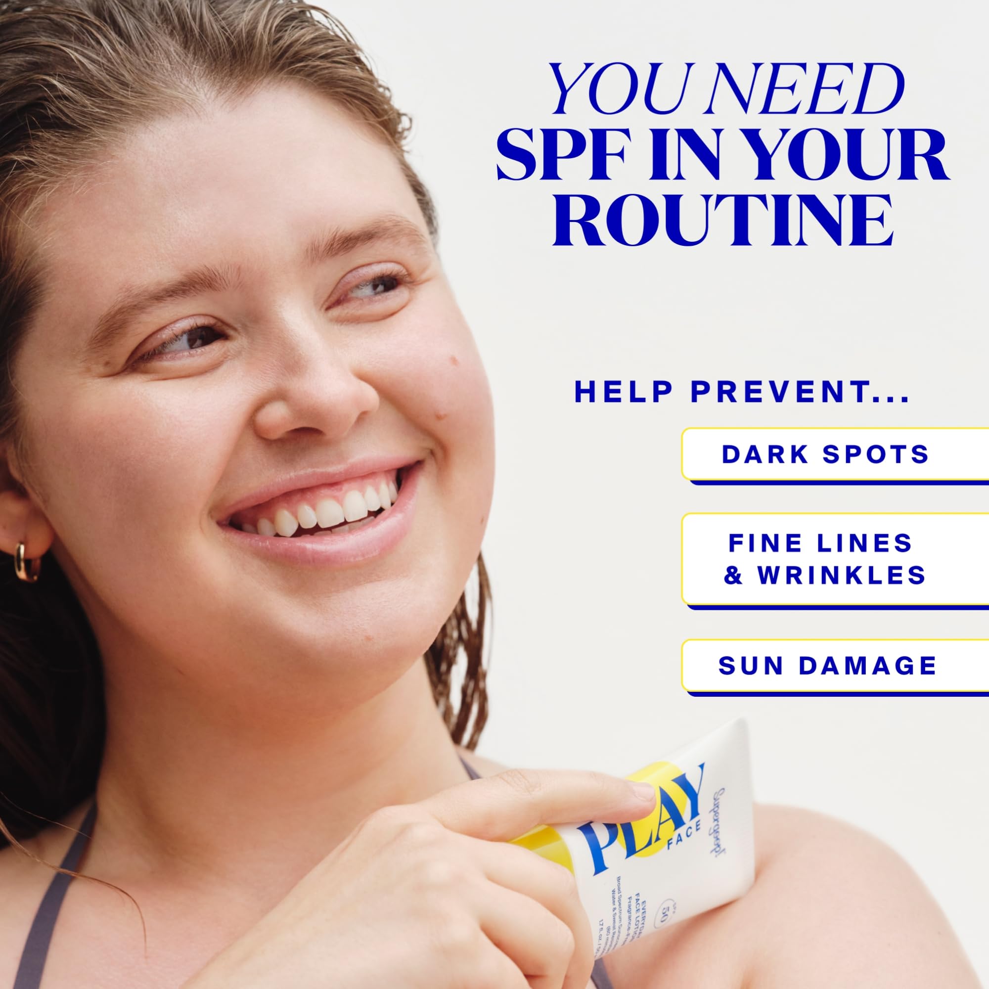 Supergoop! PLAY Everyday Face Lotion applied for makeup-ready, oil-free skin.