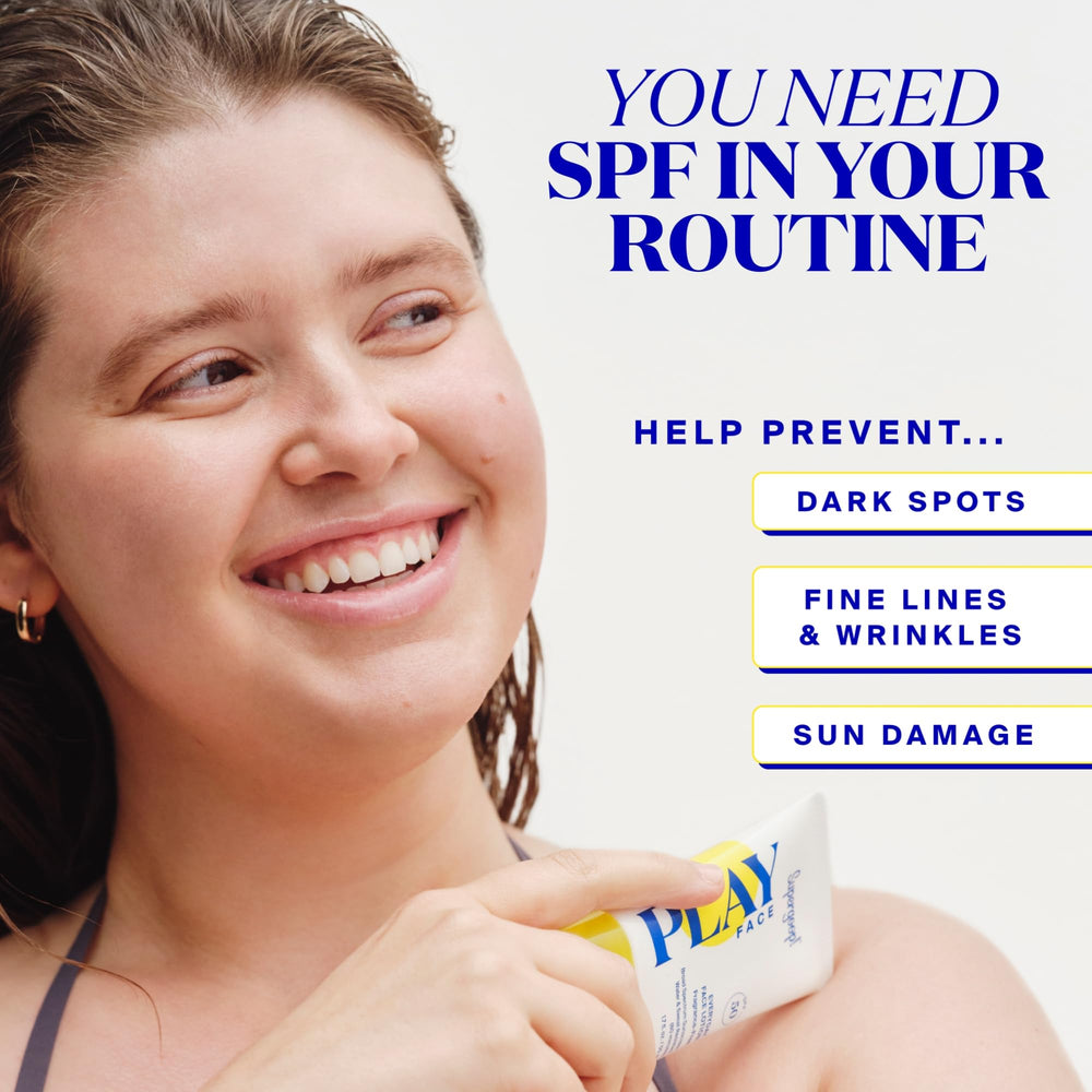 Supergoop! PLAY Everyday Face Lotion applied for makeup-ready, oil-free skin.
