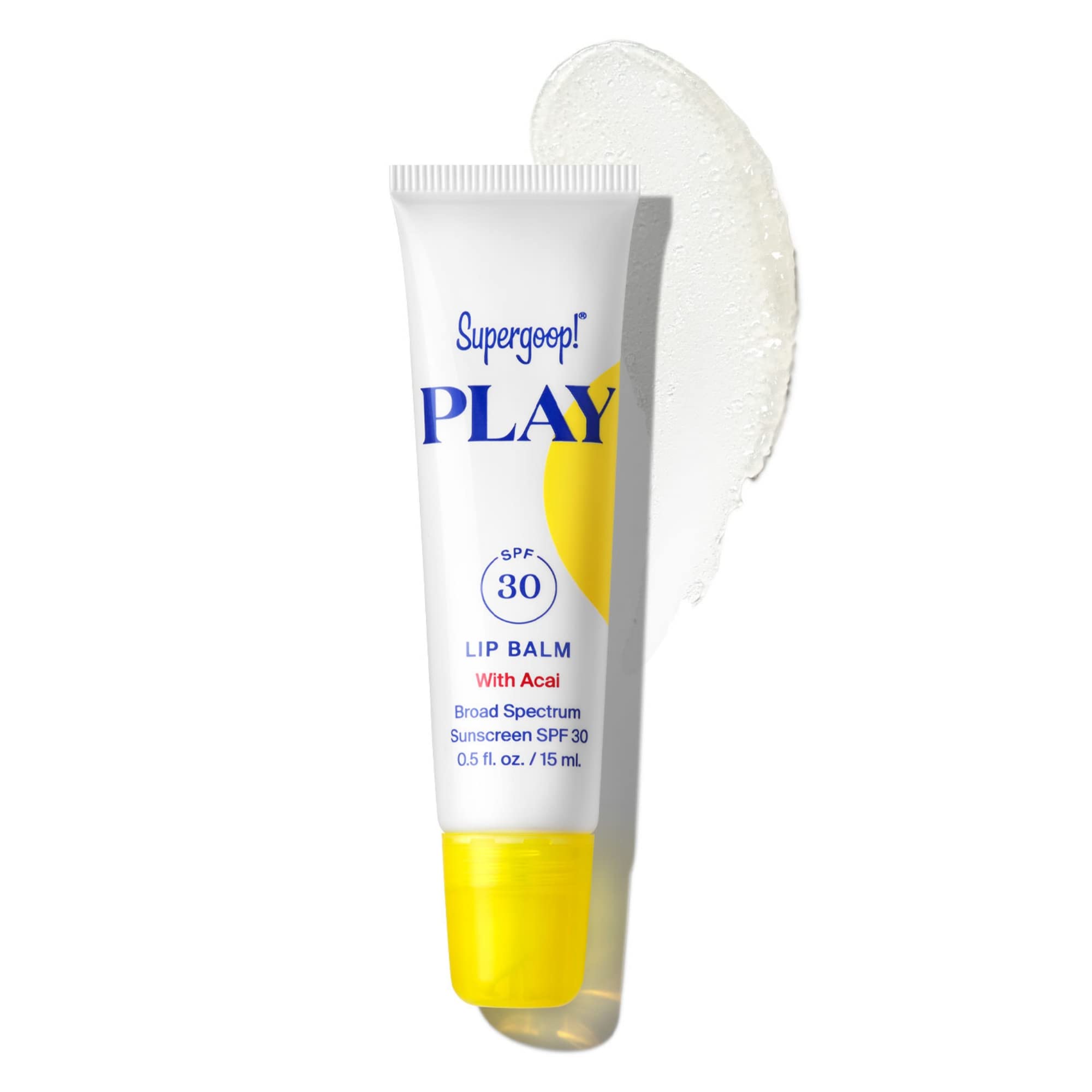 Supergoop! PLAY Lip Balm with Acai tube close-up showing hydrating SPF 30 protection.