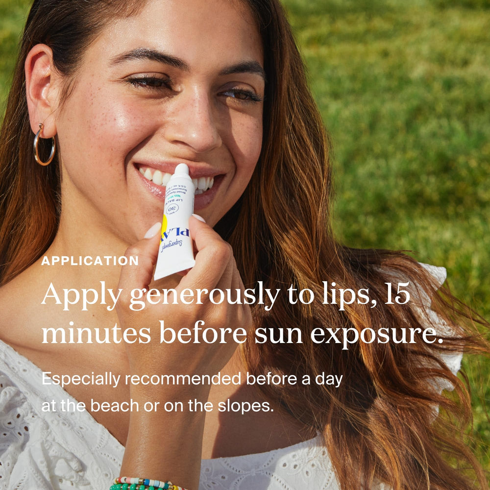 Supergoop! PLAY Lip Balm on beach scene showing water resistance.