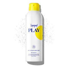 Supergoop! PLAY SPF 30 Antioxidant Body Mist bottle delivers broad spectrum protection in a lightweight spray.