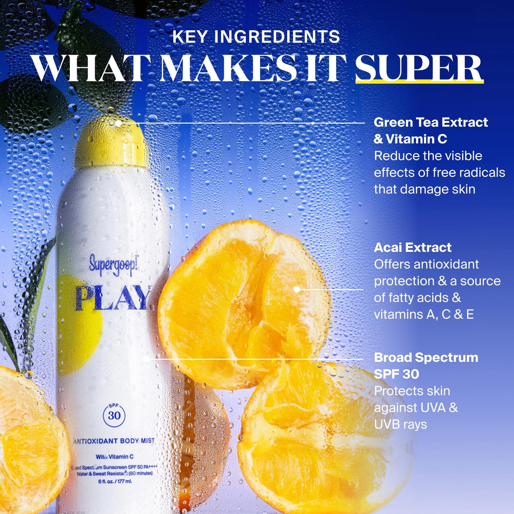 Supergoop! PLAY SPF 30 Antioxidant Body Mist poolside application during sunny days.