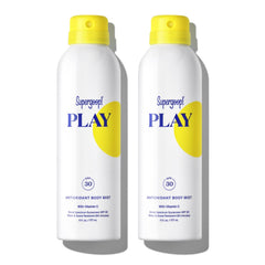 Supergoop! PLAY SPF 30 body mist bottle seen from front for light, non-greasy protection.