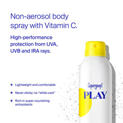 Supergoop! PLAY SPF50 mist angle spray shows flexible coverage for active days.