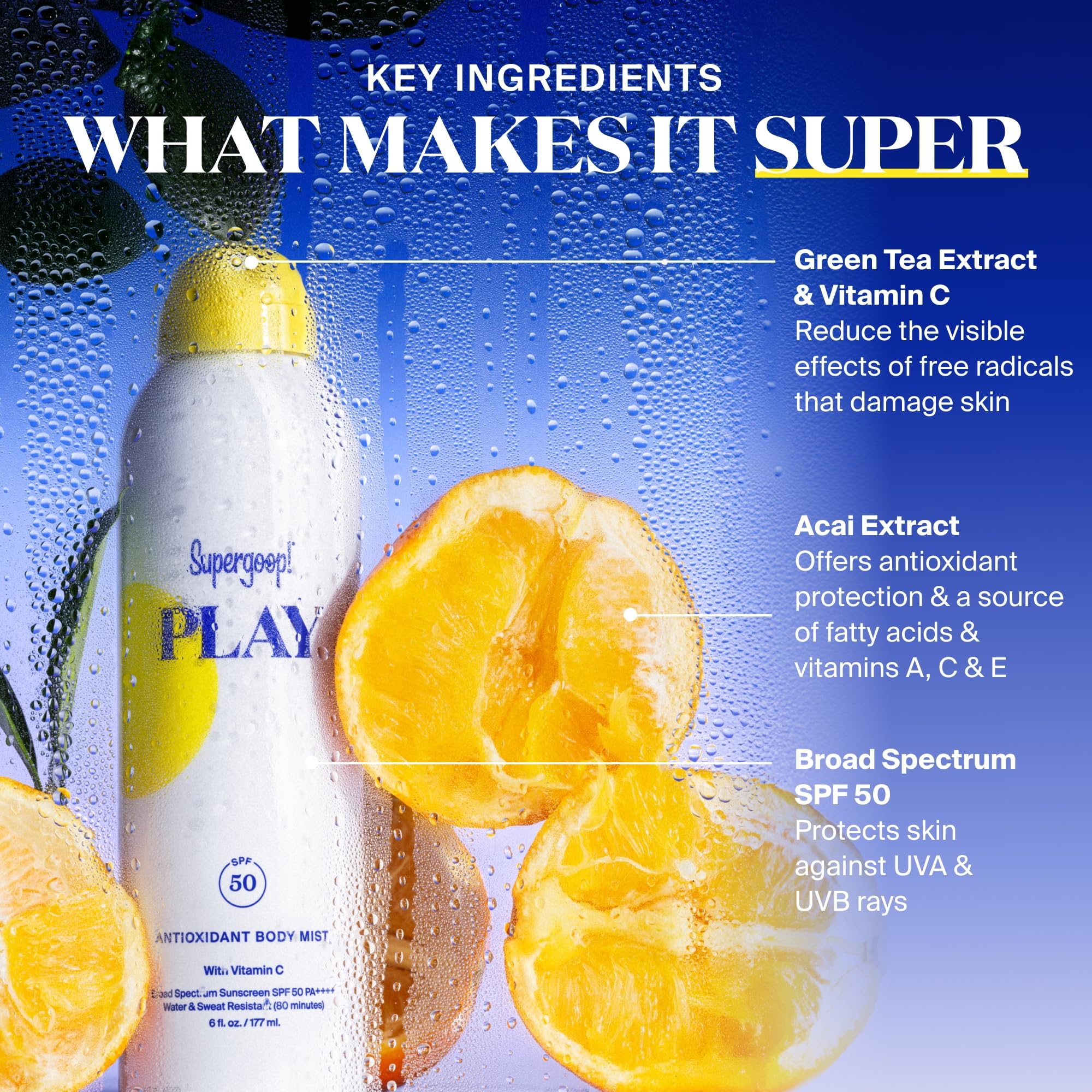 Supergoop! PLAY mist with green tea detail offers antioxidant support for skin.