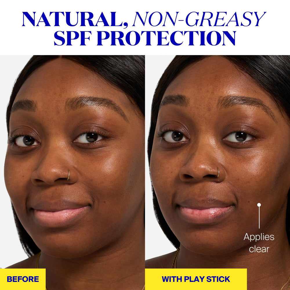 Supergoop PLAY sunscreen stick on skin delivers a clear finish with no white cast