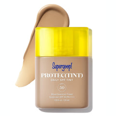 Supergoop Protec(tint) SPF 50 Light bottle demonstrates lightweight buildable coverage for daily wear