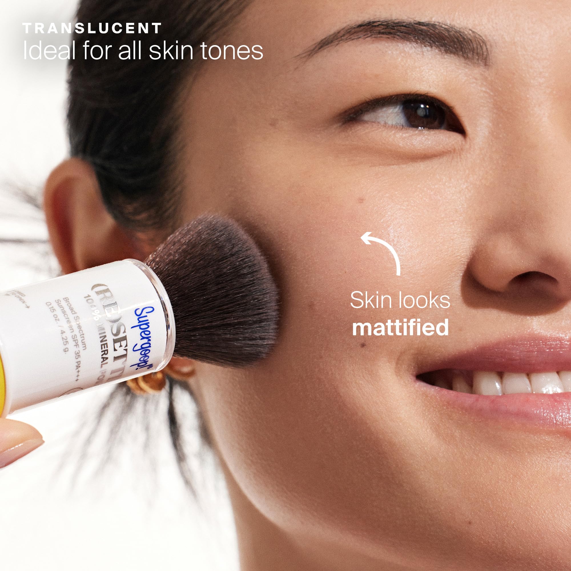 Supergoop! SPF 35 translucent powder compact adds sunscreen protection while reducing shine.